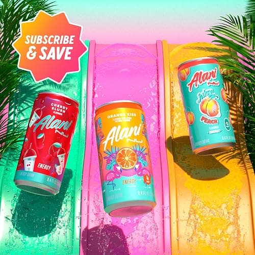 Alani Nu VARIETY PACK (CHERRY SLUSH, JUICY PEACH, ORANGE KISS), Low Calorie Energy Drinks, 100mg Caffeine, Biotin, B Vitamins, Zero Sugar, 10 Calories or Less, 8 Fl Oz Cans, 12 Pack thumbnail 9