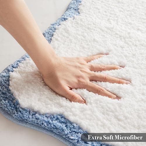 Luxury Microfiber Bathroom Rugs, White Bath Rug with Blue Scalloped Piping Cute Aesthetic Preppy Bath Mat for Bathroom, Tub, Floor Carpet, Sink, Shower, Anti Slip, Absorbent, 32x20 thumbnail 6