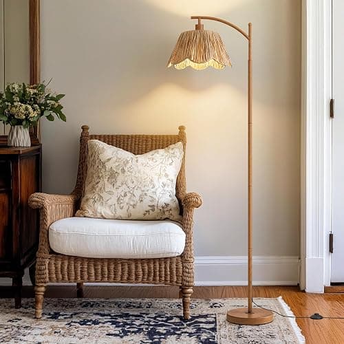 Oneach Rattan Floor Lamp for Bedroom, Boho Floor Lamp with Foot Switch, Farmhouse Standing Lamps for Living Room with Hand-Woven Shade, Walnut Metal Base & Pole thumbnail 6