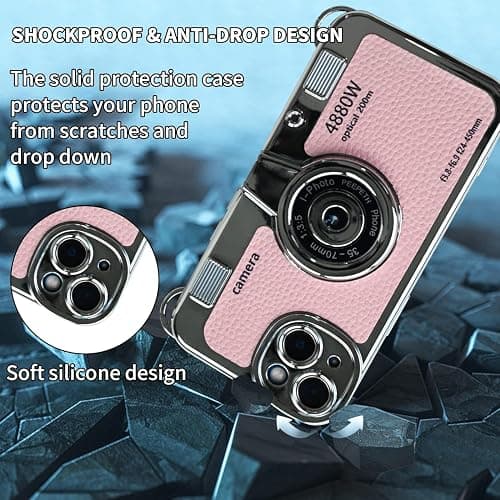 Mscomft Classic Emily in Paris Phone Case,2023 New Vintage Camera Design Case That Looks Like a Camera,for iPhone 14 Camera Phone Leather Bracelet Sling Cover case (Pink, for iPhone 16 Plus) thumbnail 3