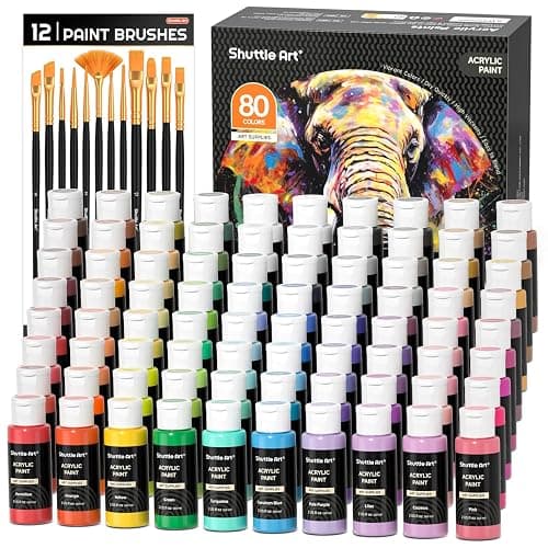 Shuttle Art 80 Colors Acrylic Paint, Acrylic Paint set with 12 Paint Brushes, 2oz/60ml Bottles, Rich Pigmented, Premium Paints for Artists, Beginners and Kids on Canvas Rocks Wood Ceramic - Image 1