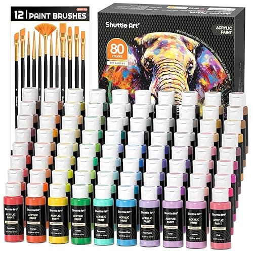 Shuttle Art 80 Colors Acrylic Paint, Acrylic Paint set with 12 Paint Brushes, 2oz/60ml Bottles, Rich Pigmented, Premium Paints for Artists, Beginners and Kids on Canvas Rocks Wood Ceramic - Image 1