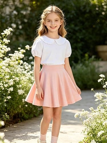 ZFZDRen 3-14Y Girl Solid Color Flared Skater Skirt with Pocket Elastic Waist A-Line Skirt for Kids Cotton Blend Casual Skirt thumbnail 2