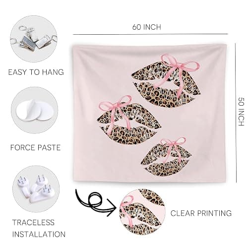 WNAGT Pink Coquette Bow Leopard Lips Tapestry Wall Hanging, Preppy Trendy Cheetah Print Kiss Lips Wall Blanket Decor for Girls Bedroom College Dorm Apartment Home, 50x60 Inch thumbnail 6