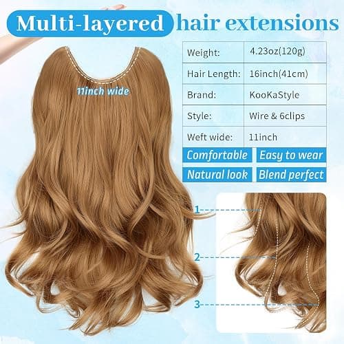 KooKaStyle Invisible Wire Hair Extensions Long Wavy Layered Synthetic Hair Extensions with Transparent Wire Adjustable Size 6 Secure Clips Strawberry Blonde Hairpieces for Women 16 Inch thumbnail 3