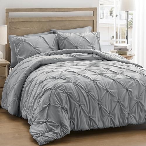 UNIKOME Queen Comforter Set Gray/Light Gray - Soft Pintuck Down Alternative Bedding Set for All Seasons, 3 Pieces Pinch Pleat Solid Bed Set with Comforter, 2 Pillowcases - 09 Gray/Light Gray - Queen(92“x88“) - Image 1
