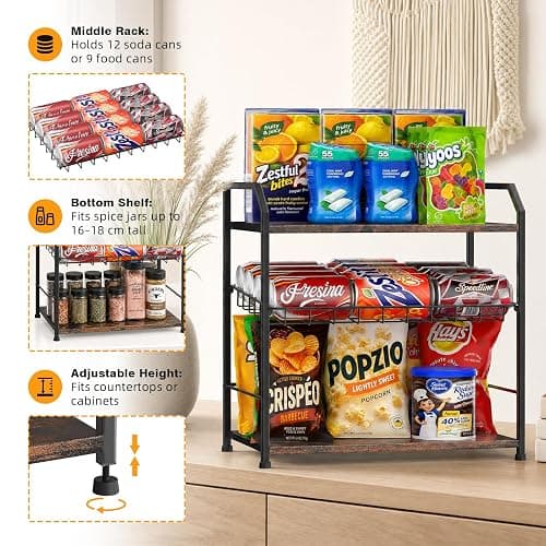 3 Tier Adjustable Snack Organizer for Countertop Wood Metal Rack | Large capacity snack stand, adjustable shelf & stable feet for kitchen pantry, office snack station & retail candy thumbnail 4