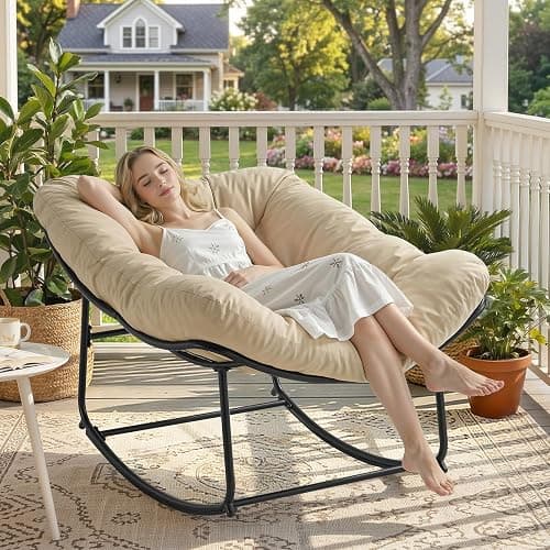 ONBRILL Papasan Rocking Chair with Cushion, Oversized Patio Lounge Rocker, Egg Chair Outdoor Indoor, for Living Room, Porch, Patio, Garden, Beige thumbnail 3