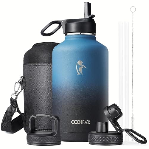 Half Gallon Water Bottle Insulated with Straw & 3 Lids, Coolflask 64 oz Water Jug Large Metal Stainless Steel Wide Mouth for Sports, Gym or Office, Non-BPA Keep Cold 48H Hot 24H, Samurai Cyan - Image 1