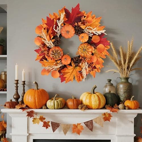 20 Inch Fall Wreaths Decorations Maples Autumn Wreath with Hanger | Leaf Pumpkin Pine Cone Berry For Thanksgiving Harvest Farmhouse Outdoor Indoor Window Wall thumbnail 4
