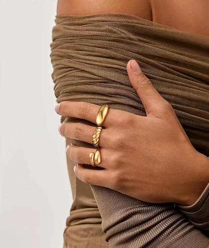 ZOERAY Chunky Gold Rings for Women Non Tarnish Trendy 14k Gold Plated Adjustable Signet Band Stackable Thumb Ring Set Open Twist Dome Statement Stacking Rings Jewelry Gifts for Women Size 5-10 thumbnail 7