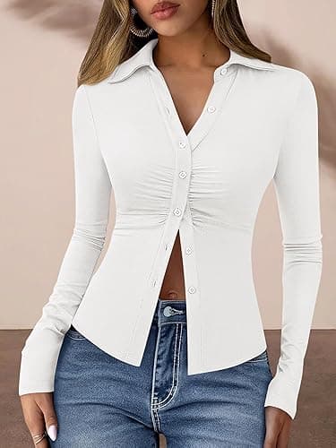 PRETTYGARDEN Womens Button Down Shirts V Neck Collared Ruched Slim Fit Long Sleeve Shirt Casual Fall Fashion Ladies Tops thumbnail 6