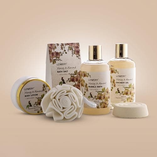 Christmas Gift Baskets for Women Gifts for Women Who Have Everything, Home Spa Honey & Almond Scent, Luxury Bath & Body Set - Shower Gel, Bubble Bath, Body Lotion, Salts, Bath Bomb, Bath Puff. thumbnail 2