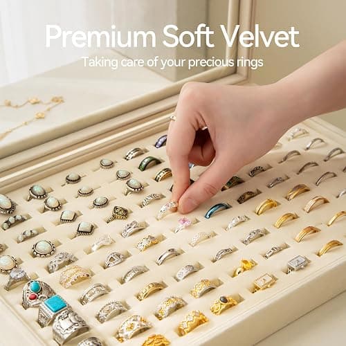 Frebeauty 100 Slots Ring Organizer Tray,Velvet Ring Box with Clear Lid | Velvet Lining Provides Protection,Fits Rings of Various Sizes,Glass Lid Jewelry Tray,for Personal Use and Ring Display thumbnail 5