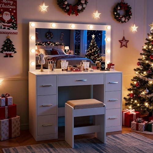 WLIVE Vanity Desk with Charging Station, Makeup Table with Lighted Mirror and Adjustable Brightness, White Dressing Table with 7 Drawers, Stool and Hair Dryer Holder for Women thumbnail 8