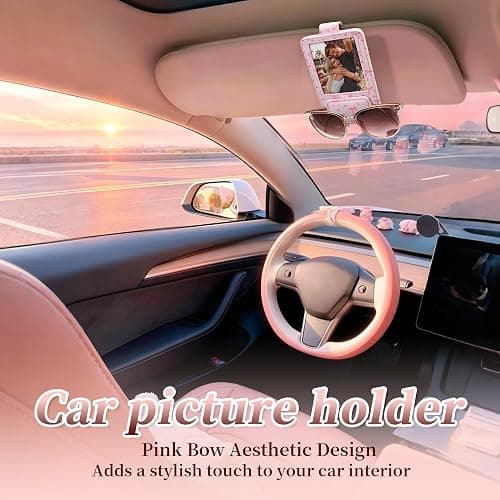 Calafu Sunglass Holder for Car, 2 in 1 Sunglass Visor Clip with Photo Frame | Leather Cloth, Magnetic Interior Car Accessories, Holds Paper Tickets, Universal Visor Fit, Custom Photo Slot, Pink thumbnail 6