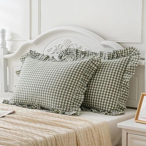 Qilunn 2 Pack Sage Green White Plaid Ruffle Pillow Shams Standard Size 20x26 inches, 100% Cotton Gingham Checkered Farmhouse Pillowcases for Bed/Sofa (20x26 inches, Sage Green/White Plaid) thumbnail 3