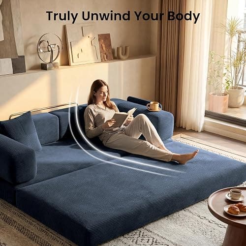 CUBENTE 78.8" Convertible Futon Sofa Bed, Boneless Couch for Living Room | Corduroy Boneless Loveseat Sleeper Sofa, Modular Futon Couch with Storage Pocket, Pull Out Couch No Assembly | Royal Blue thumbnail 5
