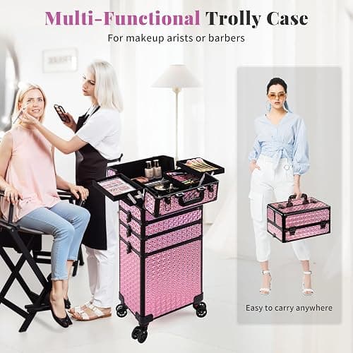 AROUS 5 in 1 Rolling Makeup Train Case Cosmetology Case on Wheels Large Cosmetic Organizer Travel Cart for Hairstylist Artist Nail Beauty Salon Barber,Pink thumbnail 9