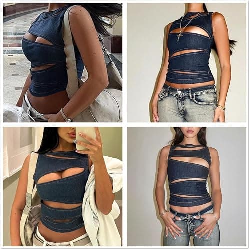 MINGSEECESS Women Sexy Irregular Hollow Out Cutting Denim Crop Tank Top Sleeveless Back Zipper Vest Clubwear thumbnail 3