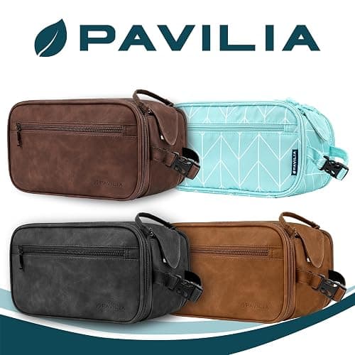 PAVILIA Toiletry Bag for Men Women, Mens Travel Bag Toiletries Organizer Case for Grooming, Travel Essentials Shaving Dopp Kit, PU Leather Water Resistant Cosmetic Pouch, Brown thumbnail 8