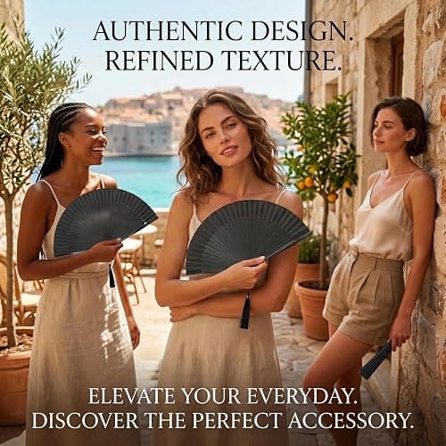 OMyTea Hand Fan Foldable for Women, Japanese Chinese Fan, Solid Black | Portable bamboo and silk folding hand fan with case for hot flashes, cooling, festivals, tea party, travel, church and gifts. thumbnail 7