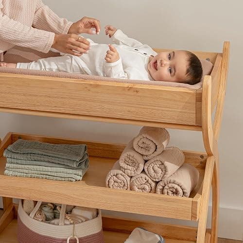 Comfy Cubs Baby Changing Table - Sturdy Wood Construction, Timeless Look Baby Change Table with Two Open Shelves for Infant Daycare Essentials Storage - Natural Wood thumbnail 6