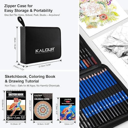KALOUR PDAS 127 Drawing Set Sketching Kit, Pro Art Supplies with 3-Color Sketchbook & Coloring Book, Neon, Colored, Watercolor, Metallic, Graphite, Charcoal Pencils, Gift for Artists Adults Teens thumbnail 2