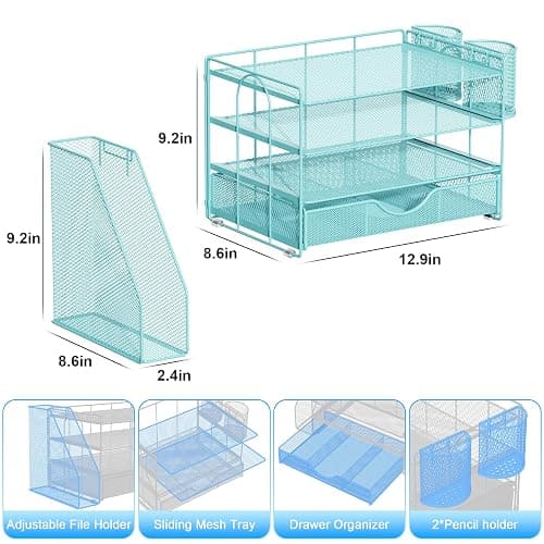 gianotter Desk Organizers and Accessories with File Holder, 4-Tier Desk Accessories & Workspace Organizers with Drawer and 2 Pen Holder, Paper Organizer for Office Supplies (Blue) thumbnail 3