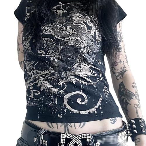 Grunge Graphic Tees for Women Y2k Vintage Gothic T Shirt Teen Girls Aesthetic Emo Baggy Tops 2000s Alternative Clothes - Image 1