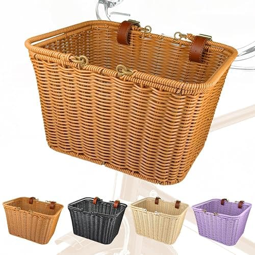 Bike Basket Front,Hand-Woven Bicycle Basket for Adult Bikes with Leather Straps, Easy Detachable,30 * 24 * 19cm - Image 1