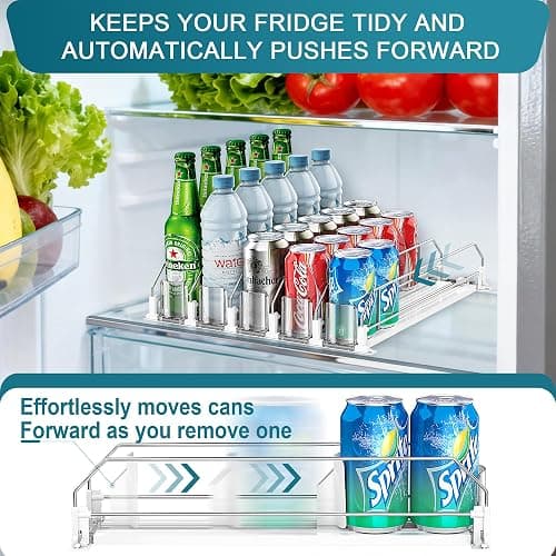 KUUKIKV Upgraded Drink Organizer for Fridge, Space-Saving Fridge Drink Organizer, Automatic Pusher Glide and Adjustable Width Drink Dispenser for Fridge - Holds Up to 25 Cans (5 Rows White) thumbnail 3