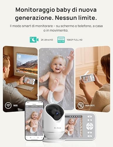 Dr.Care Baby Monitor WiFi 2K, 5", App, supporto a clip & allarme movimento | Tracciamento persone,rilev. suono/movimento/temp./umidità, batt rimov. 5000mAh, portata 390m, visione nott. HD, VistaView RB thumbnail 2