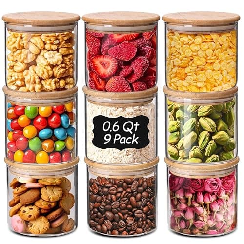 ComSaf 0.6 Qt Glass Food Storage Jars Set of 9, Clear Glass Storage Containers with Lids, Pantry Organization Jar, Spice, Blooming Tea, Oat, Coffee and Sugar Container, Small Canister Set for Kitchen - Image 1