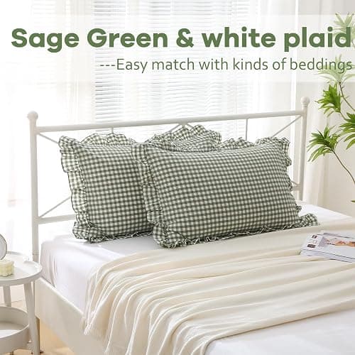 K MASANIJI 2 Pack Sage Green White Plaid Ruffle Pillow Shams Standard Size, 100% Washed Cotton Gingham Checkered Farmhouse Pillowcases for Bed/Sofa - 20"x26" thumbnail 2