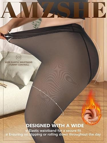 Amzshe Plus Size Fleece Lined Tights for Women, Fake Translucent Warm Winter Leggings, Control Top Thermal Tights thumbnail 3