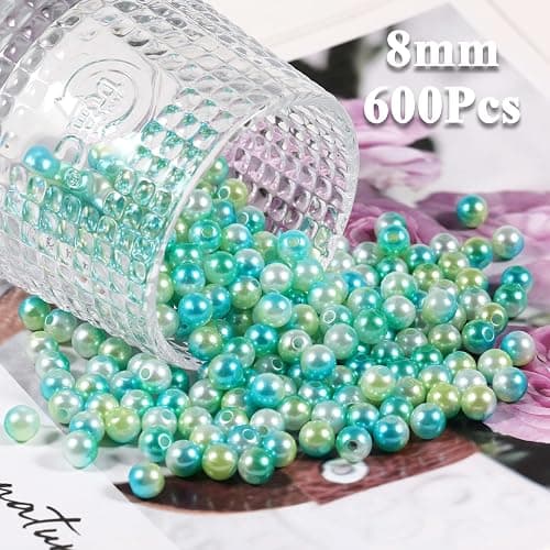 600Pcs Pearl Beads 8mm Gradient Color Fake Mermaid Pearl Beads Jewelry Making for DIY Crafts Necklace Bracelet Mobile Phone Hanging Rope Wedding Decoration Vase Filling (Green Yellow 8mm) thumbnail 3