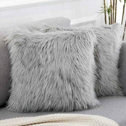 WLNUI Set of 2 Light Grey Christmas Decorative Pillow Covers New Luxury Series Merino Style Faux Fur Fluffy Throw Pillow Covers Fuzzy Cushion Case for Sofa Bedroom Living Room Home Decor 18x18 Inch - Image 1