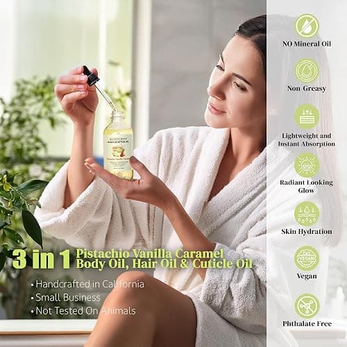 Soothing House Pistachio Vanilla Caramel Body Oil - Nourishing Body Moisturizer for Soft, Glowing Skin with Jojoba & Almond Oil (4 fl oz) thumbnail 4