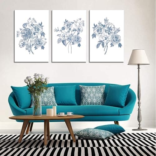 Blue Flower Canvas Wall Art Abstract Chinoiserie Floral Painting Picture Decor Minimalist Botanical Sketch Poster Print Artwork for Gallery Living Room Wall Home Decoration thumbnail 2