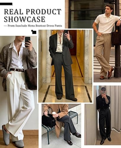 Susclude Mens Bootcut Casual Dress Pants Flared Wide Leg Old Money Pleated Elastic Waist Slacks Vintage Work Office Trousers thumbnail 6