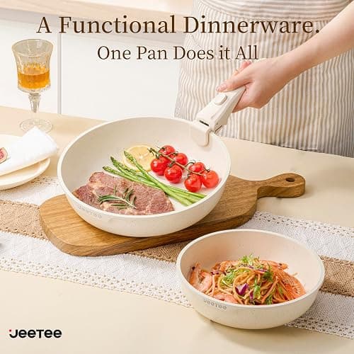 JEETEE Pots and Pans Set Non Stick 17pcs, Kitchen Cookware Sets with Detachable Handle, Induction Nonstick Cookware Set with Removable Handle, Stackable RV Cookware, Oven Safe, PFAS/PFOA Free, Beige thumbnail 8