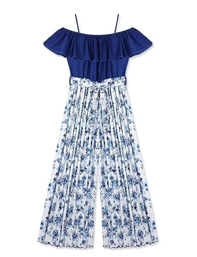 oklady Girls' Jumpsuits Belted Ruffle Top High-waisted Wide Leg Pleated Pants One Piece Outfit 6-14 Y - Image 1