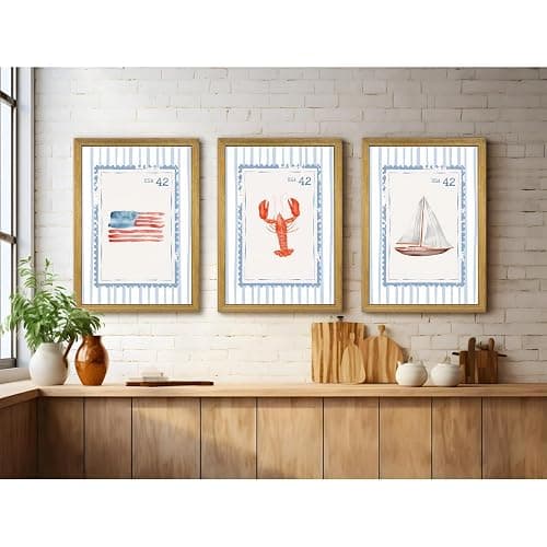 Wood Framed Blue Beach Stamp Set of 3 Canvas Poster Coastal Granddaughter Room Wall Art Decor Vintage Preppy Aesthetic Prints Artwork for Girly Dorm Apartment Ocean Home Decoration 12x16 Inch thumbnail 9
