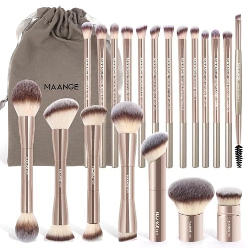 MAANGE 20 PCS Foundation Makeup Brush Set, Double-ended Kabuki Contour Brush for Liquid Powder Concealer Blending Blush Face Makeup Tools (Gold) - Image 1