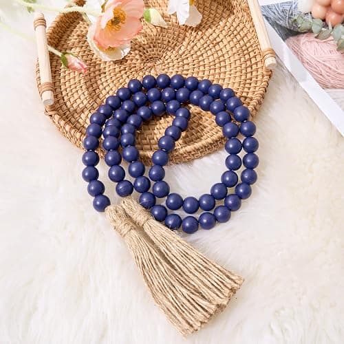 OMISHE 59in Wood Bead Garland with Tassels, Decorative Beads, Farmhouse Wooden Beads Garland for Wall Hanging Home Festival Decor, Navy Blue thumbnail 7