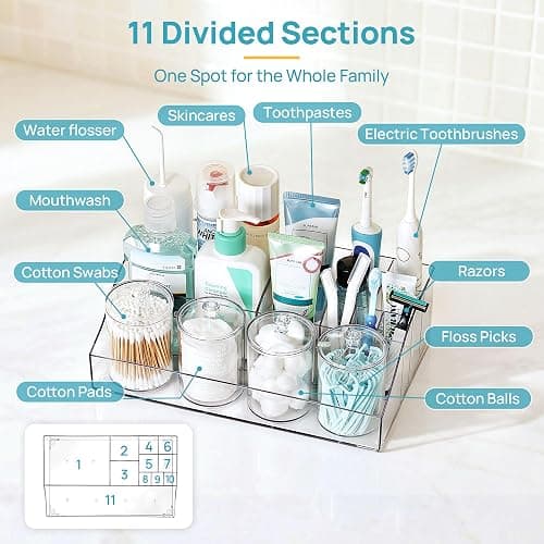 Vtopmart 5 PCS Bathroom Countertop Organizer, 1 Divided Tray with 4 Qtip Holder Jars, Restroom Clear Organizers for Toothbrush, Cotton Pads Balls, Floss, Bathroom Vanity Accessories Storage Set thumbnail 4