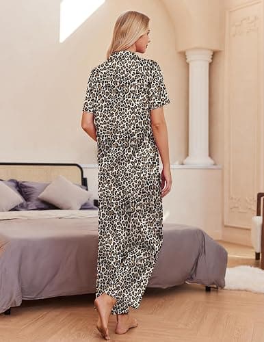 Ekouaer Silk Pajamas for Womens Set 2 Piece Fall Pjs with Pockets | Satin Short Sleeve Sleepwear, Soft Button Down Tops/ Wide Leg Pants for Lounging, Date Nights, Honeymoon, Bridal Wedding Day thumbnail 3