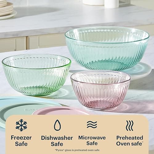 Pyrex Colors (3-Pack, Full Set) Sculpted Tinted Glass Mixing Bowls With Plastic Lids, Nesting Space Saving Set of Bowls For Prepping and Baking, 1.3QT, 2.3QT & 4.5Q, (Pink, Green, Aqua) thumbnail 5