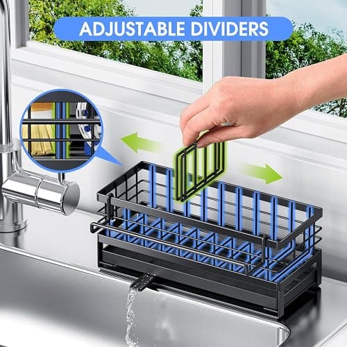 DYFVREN Kitchen Sink Sponge Holder, Rustproof Non-Slip Self-Draining Metal Sink Caddy with Detachable Dish Cloth Holder (Black) thumbnail 5